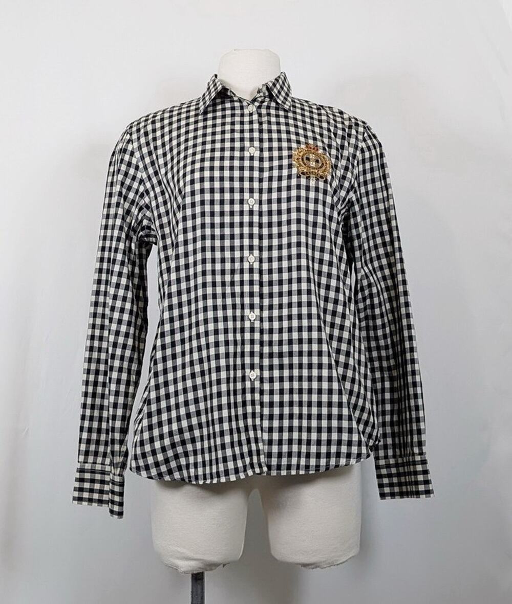 Ralph Lauren Blouse Black White Plaid Crest Top Shirt Women's Size XL